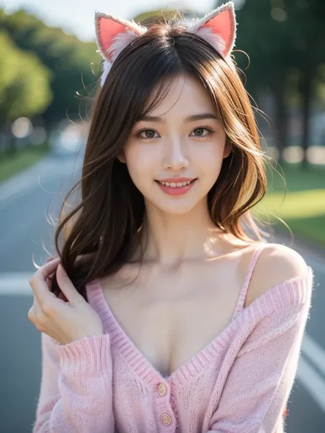  smiling happily , Blink, run to viewer,  upper body,  wide smile ,  diamond face shape ,  look at the audience , (  wearing pink sweater ),  high resolution มาก, (road), ผมดำ,  whole body , ( chest is medium), run, [Bob Haircut,  shiny rainbow hair , Whit...