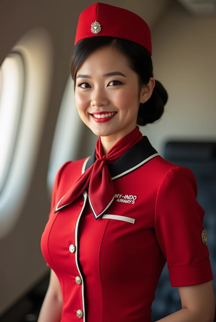 A flight attendant with a graceful and professional look, wearing a uniform that reflects the identity of MY-INDO AIRWAYS. Her uniform is a red dress with white and black accents, complemented by an elegant neck scarf and a small retro-style hat for a clas...