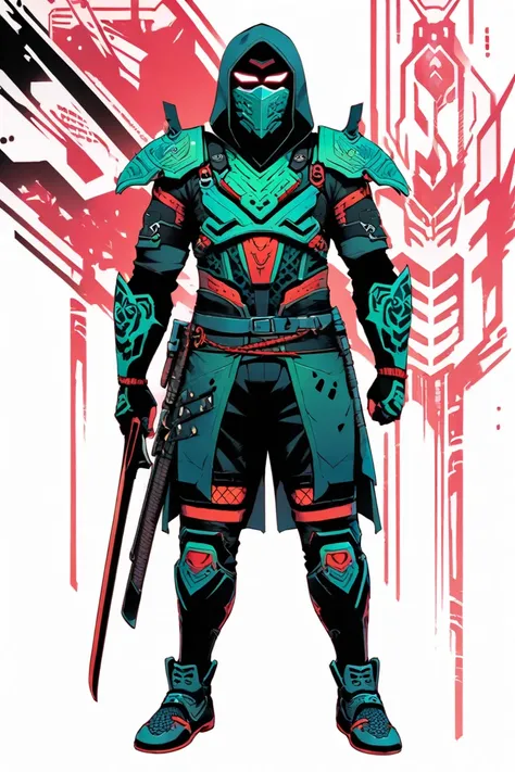  cyberpunk ninja action novel。solo ninja 。((white background illustration ))。(( full body illustration))。(( standing))。Ninja mask。Kamen Rider: The Phantom of the Amazon。