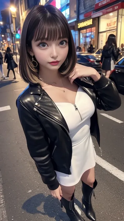 (LAYER MINI-DRESS 、pull zip)、 LEATHER JACKET、 in the seat、Medium breast、 skinny body、 BEAUTIFUL LEGS、 stiletto boots、Earrings、 Straight Bob Hair 、 blonde、In the city、 in shopping mall、Street lamp light、 shop window lights、 walking behind、 standing、 masterp...