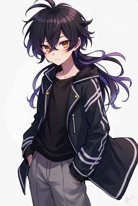 Make it anime style: a boy with a sloppy and dull appearance ,  with long and messy black hair with purple tips, one golden eye and the other scarlet .  Wears a long sleeve black shirt ,  wide gray pants and a light black coat with white stripes.