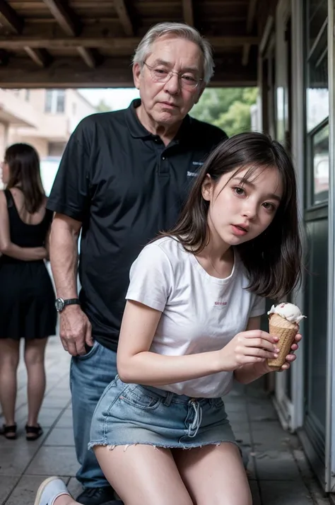 sassy girl (tween) In miniskirt   ,    kneeling sucking ice cream  ,   the ice cream is held has an old man ,  standing in front of the girl  ,   and she gives it a sensual mother  ,   the girl puts a new condom on her old father standing in front of her 