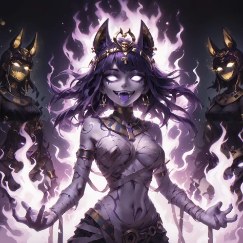 (ultra detailed), (masterpiece), (best quality), (depth of field), (sharp focus), (cinematic lighting), (vibrant purple), 1, crazy smile, fangs, tongue out, long purple tongue, deep eyes, egyptian style, dark makeup, neon purple tattoos, golden piercings,...