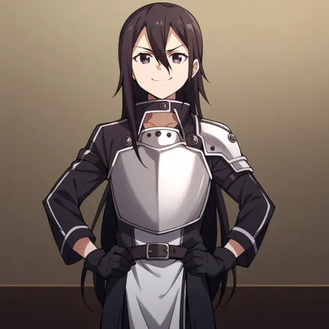 score_9, score_8_up, score_7_up, source_anime, kazuto kirigaya, long hair, black hair, male focus, black eyes, otoko no ko, androgynous, hair between eyes,, gloves, armor, breastplate, belt, long sleeves, black jacket,, indoors, smug, smile, looking at vie...