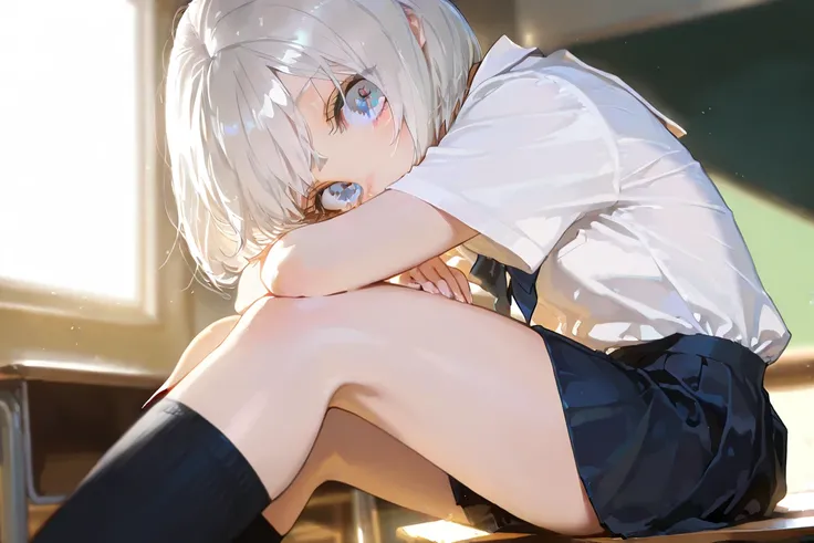 masterpiece, school setting, 1 girl, silver hair, bob cut hair, cute, bangs, blue eyes, shinning, big eyes, tareme, beautiful eyes, best quality, school uniform, japanese, white shirt, short skirt, socks, Looking at viewer, sitting on desk