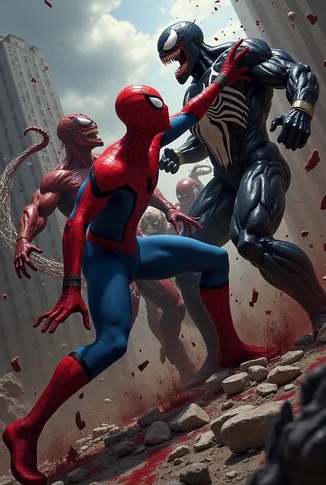 Spiderman and Venom nearly defeated fighting other bloody heroes