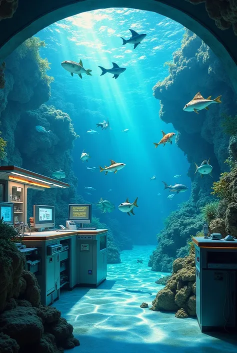 A photo inside an underwater marine animal research center with science and beauty without people