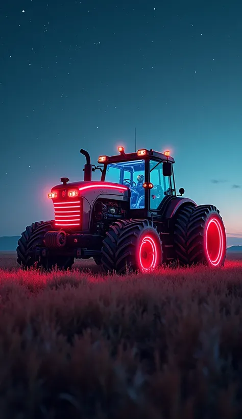 "A gigantic futuristic tractor with massive wheels and bright neon lights, high-tech design, powerful mechanisms, a shining metallic body, working in a field under a starry night sky, cyberpunk style. Высокое разрешение, Лучшее качество, Высокая детализаци...