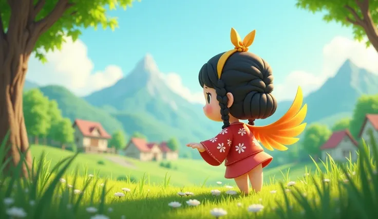 in the back garden there are many grasses ,  far behind with mountains and a green village in the shade of trees, a  wearing a red flowered blouse, black hair braided on the sides, tie a golden bow , dropping the orange wing flying.  chibi 3d cartoon style...