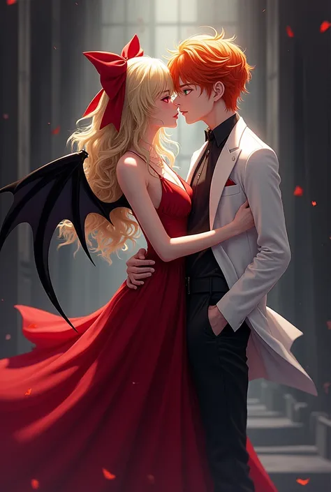 anime vampire girl with red eyes, half pulled curly blonde hair with red bow, black and white bat wings, in red dress kissing male with orange hair, green eyes in white suit