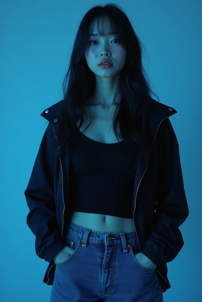 a young woman age 18 years old busty asian with white smooth skin wears black shirt wears jacket wears trousers long black haired jeans color blue in blue light photorealistic real photorealistic light quality blit plas camera 