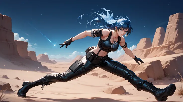 Sexy leona heidern,  blue eyes,  Long hair,  dark blue hair ,  triangle earrings, dog tags, very fitted full black leather tactical suit,  with exposed neckline,  Black leather gloves ,  black leather boots , In the dunes of a desert,  at night, 