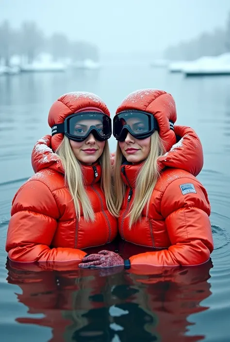 Two crying beautiful blonde woman, wearing heavily wett puffy shiny colored padded one piece down suits, heavy puffy hood, heavy puffy gloves, ski goggles, drown underwater in arctic lake during extremely heavy snowfall