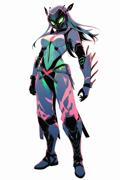  cyberpunk ninja action novel。One female ninja。((white background illustration ))。(( full body illustration))。(( standing))。Ninja mask。The Insect-Wind Phantom。biological light clothing。Dark coloring reminiscent of ants。Slender physique。