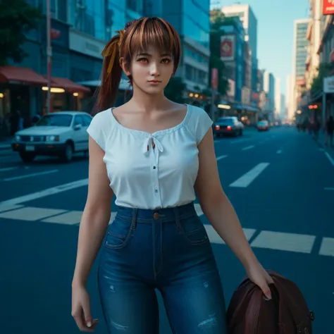 Kasumi (Dead or Aive), Long Copper Brown Hair, Ponytail, Amber Eyes, Height: 164 cm, Breasts: 89 cm, Waist: 54 cm, Hips: 85 cm, casual blouse and jeans, city, unreal engine 