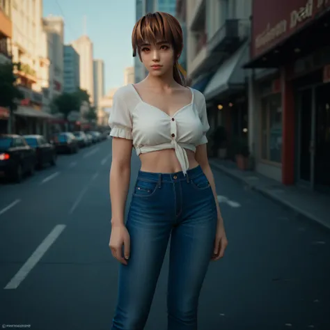 Kasumi (Dead or Aive), Long Copper Brown Hair, Ponytail, Amber Eyes, Height: 164 cm, Breasts: 89 cm, Waist: 54 cm, Hips: 85 cm, casual blouse and jeans, city, unreal engine 