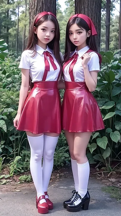 Two full bodies , fitted figures, two  cute lolly beautiful schoogirls, beautiful cute  faces with big lips , ((High Waisted red leather skater pinafore dresses)), blouses short puffy sleeves , High Waisted red leather skater fluffy pinafores dresses, ((re...