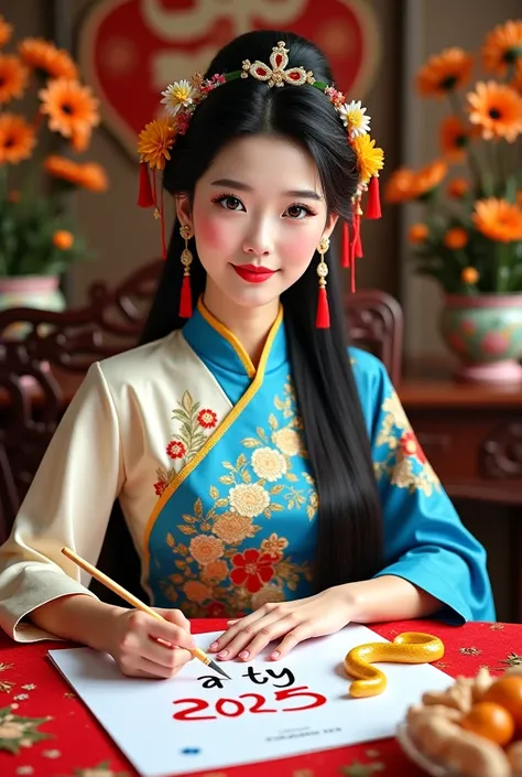 A super detailed, sharp close-up portrait of an extremely beautiful and attractive Vietnamese woman wearing a traditional Vietnamese ao dai, a dress with three colors of blue, white and yellow and beautiful and artistic Tet decorations on the ao dai with y...