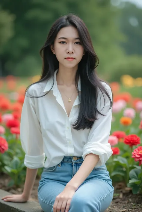 Photo of beautiful  Korean woman posing gracefully wearing white shirt and long jeans outdoors เส้นผมสีดำยาวตรง นั่งในสวนดอกไม้