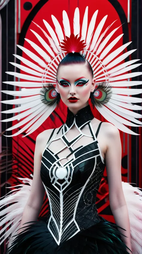 shot of a person with robotic, feathered, and lotus-inspired features in a surreal, peacock-inspired photographic style.  The image features lo-fi shimmer, flamingo and knot imagery, and futuristic gothpunk elements in red, white, and black geometric shape...