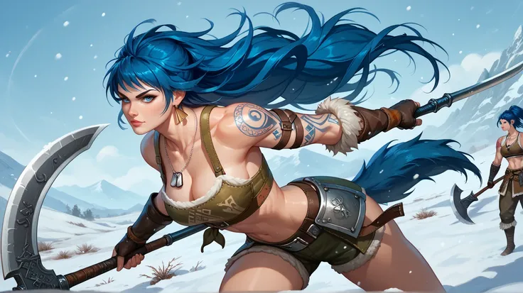 Sexy leona heidern,  blue eyes,  Long hair,  dark blue hair ,  triangle earrings, dog tags,  Viking armor, Wolf Honey , Viking Tattoos, wielding an axe,  sexy pose, In a snowy desert, 