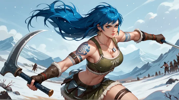 Sexy leona heidern,  blue eyes,  Long hair,  dark blue hair ,  triangle earrings, dog tags,  Viking armor, Wolf Honey , Viking Tattoos, wielding an axe,  sexy pose, In a snowy desert, 