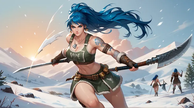 Sexy leona heidern,  blue eyes,  Long hair,  dark blue hair ,  triangle earrings, dog tags,  Viking armor, Wolf Honey , Viking Tattoos, wielding an axe,  sexy pose, In a snowy desert, 