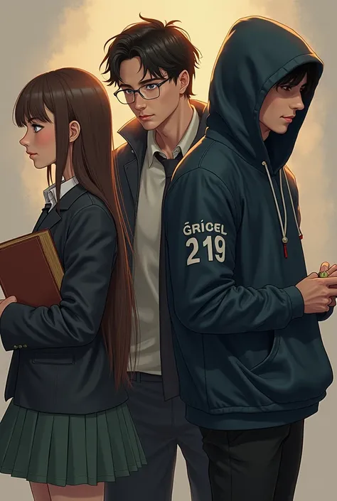 Create a cover for story. The female protagonist is wearing student uniform holding an old book. The male lead is wearing criminal attire with number 2119 and with eye glasses. Another man wearing hoodie jacket, side view so we can't see his face holding a...