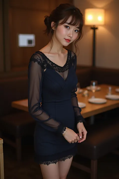 whole body, 24-year-old Japanese woman enjoying a wedding party,japanese,Korean style beauty,Small face,Transparency, pure white skin, GREY EYES, cute, idol,Idol, portrait , model,French twist hair , short bangs, glossy mahogany brown hair , big breasts,Gl...