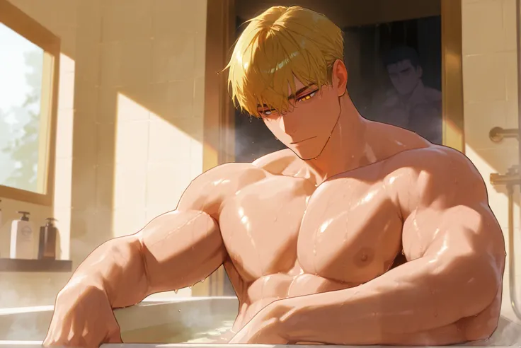 1 male, only boy, best quality, amazing quality, best aesthetic, Incredible beauty, incredible quality, Handsome guy, golden hair, golden eyes, muscular, handsome man, short hair, Taking a bath, steam in the bathroom, wet body, sexy pose