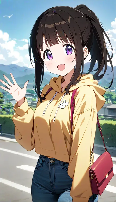 ((1girl, Eru Chitanda, Kyoto Animation)), cowboy shot, ponytail, beautiful detailed eyes, purple eyes,(cute eyes),happy, big smile, opened mouth ,(hoodie, denim pants), standing,  waving right hand, handbag, outside, mountains area , Best Quality, Super de...