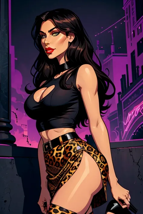 Kim Kardashian as Bast from Neil Gaiman's "American Gods". Bast has long dark hair and amber eyes. Bast wears a black top and a leopard-print skirt and black high-heeled shoes. Bast has lovely makeup on her face. Bast wears red lipstick. Bast looks seducti...