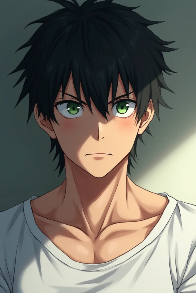 ( detailed,  defined face, hard lines , 4k, anime) a man,  pectoralis,  black hair,  green eyes,  Troubled Hair,  shy expression , blushing,  looking to the right,  at school,  White Shirt 