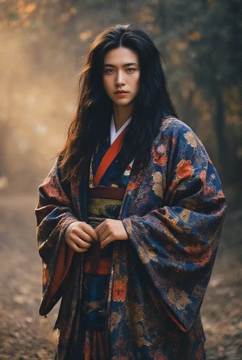 Japanese, man, 36 years old, with long black hair, purple eyes, in kimono