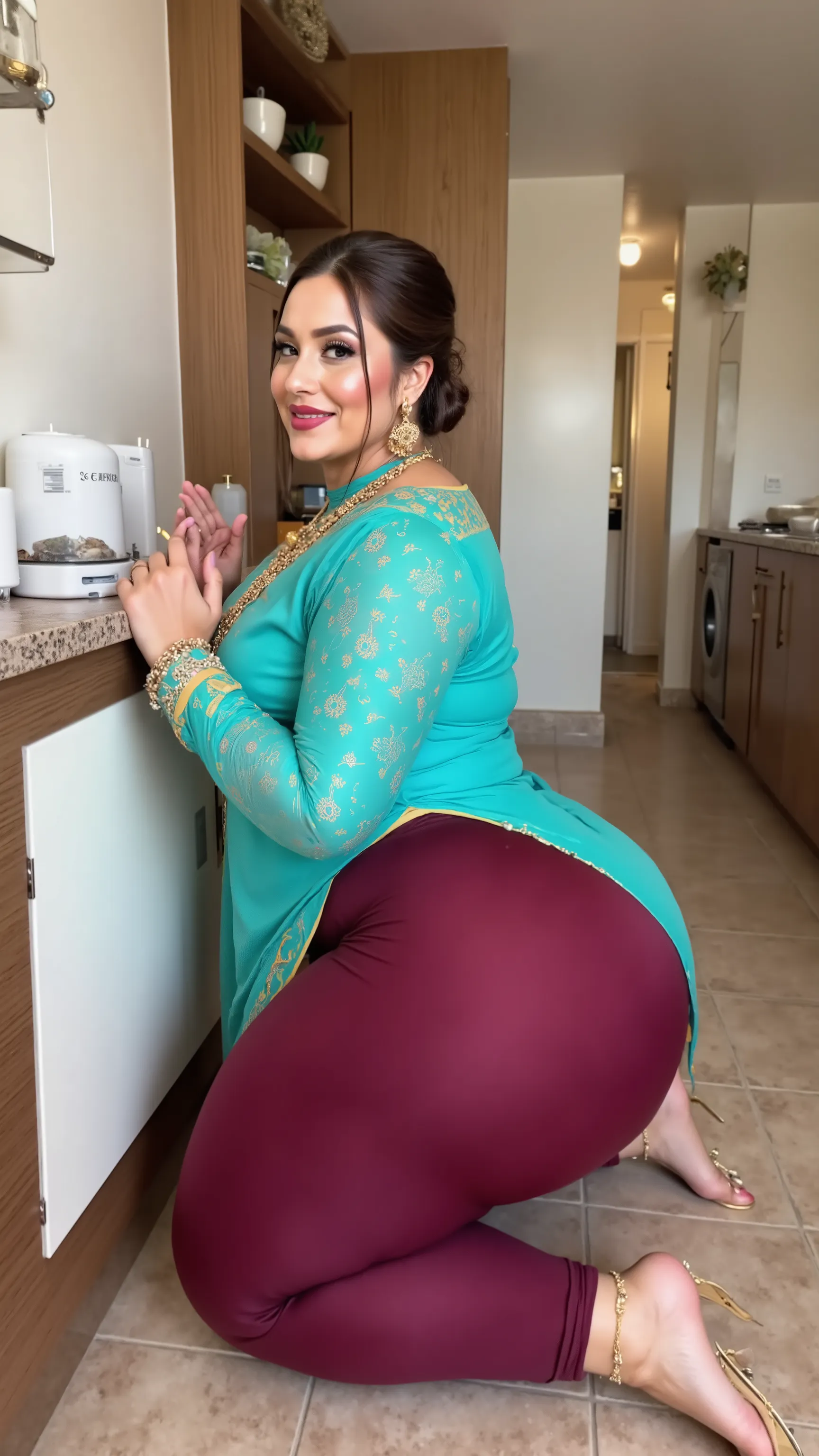 I am 40 year old plus size tall and big giant indian muslim women, looking like indian actress hansika motwani, wearing a gold boarded short hand full length side slit open cyan kurti ,and shining reflective glossy maroon short length capri leggings ,golde...