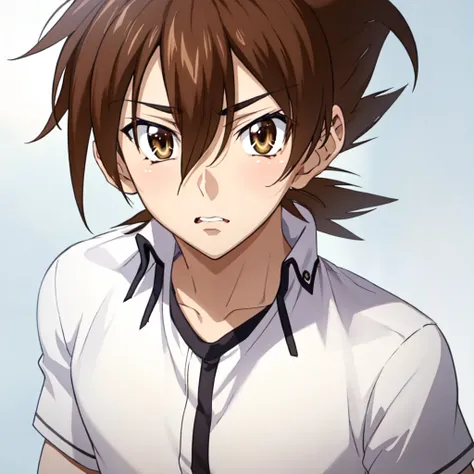 masterpiece, best quality, high quality, 1boy, solo, male focus, looking at viewer, upper body, issei_hyoudou, brown hair, brown eyes, hair between eyes, , school uniform