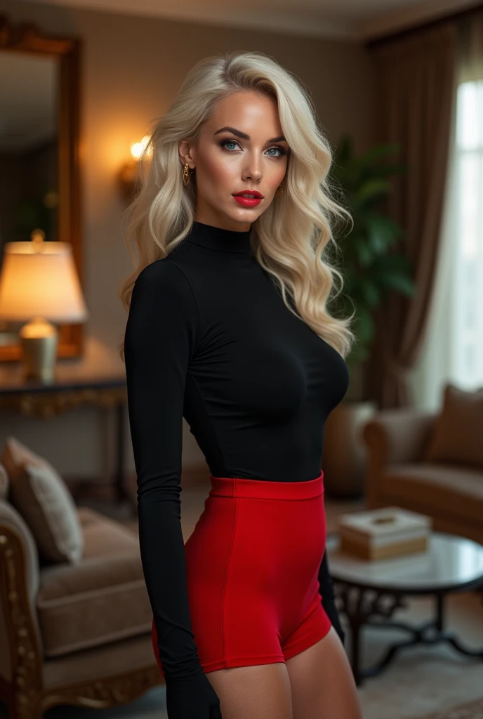  Sexy older mature MILF 40 years old platinum blonde, white tea,  blue eyes thin eyebrows full lips ,  sensual face , large breasts,  sexy sculptural slim figure ,  large buttocks,  toned legs,  Long sleeve blouse with tight neckline color black , Red tigh...