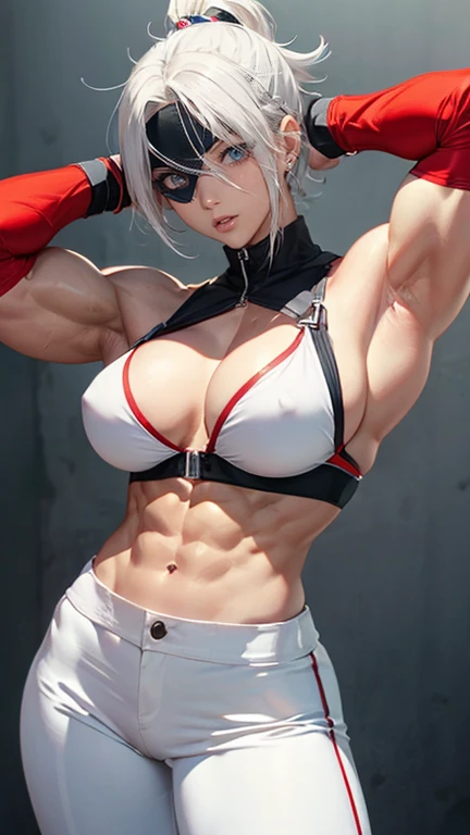 anime - style drawing of a woman with white hair and a white bra top and white pants, short messy hair, (eyepatch,one eye covered),very muscular! white, commission for high res, muscular girl, muscular!!, oc commission, muscular!! sci-fi, strong pose, most...