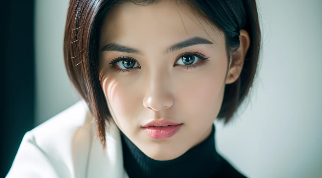 ((best quality, 8k, masterpiece:1.3)),sharp focus:1.2, 1girl ,((detailed face)), Beautiful lady with Perfect Figure, Vivid, elegant turtleneck dress, black hair,white background,
