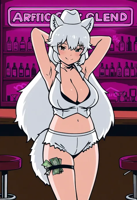 gtaiii, 1girl, arctic fox (kemono friends), soft smile, large breasts, white cowboy hat, tucked money on thigh strap, looking at viewer, seductive smile, arms behind head, armpits, BREAK club, neon lights, bartender, bar, bar stool,