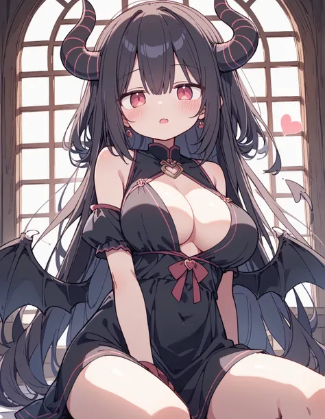  anime style、 masterpiece、 high quality、 Details、Late Night、 lose light、 cute、 Beautiful Eyes、 highlight the eyes、Eyes emit light 、Around  、Big Breasts、Little Devil、 grins wickedly、Looking down on you、Devil's Black Wings 、Make horns on the head 、 clothes w...