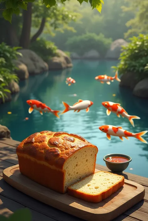 Picture of brownied bread by the pond with koi fish
