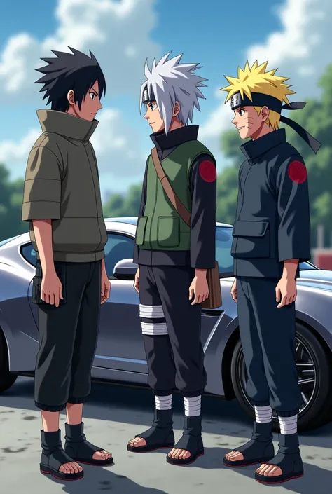 Naruto, Sasuke and Kakashi talking near a car 
