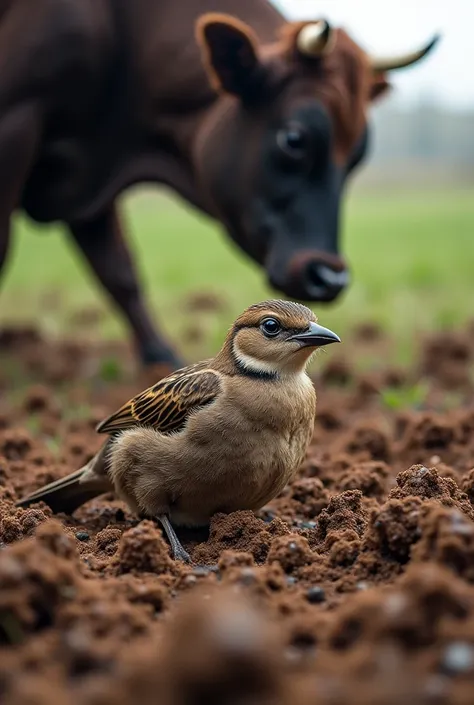 Chinchi Trapped in Dung – A distressed sparrow stuck in fresh cow dung, her wings partially covered, struggling to move. The cow stands nearby, unaware