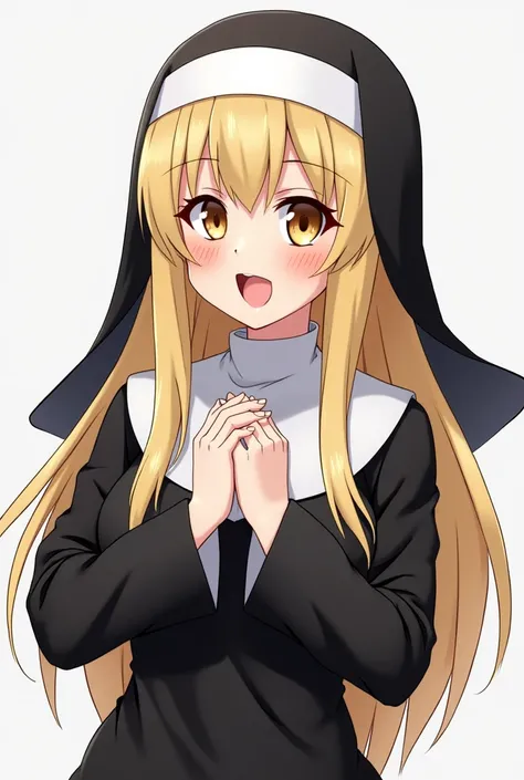  high quality,  animation , 23 year old girl, blonde, sexy body, dressed as a nun but with the upper part uncovered, showing her breasts clutching them with her hands, Cheerful and mischievous face,  front image