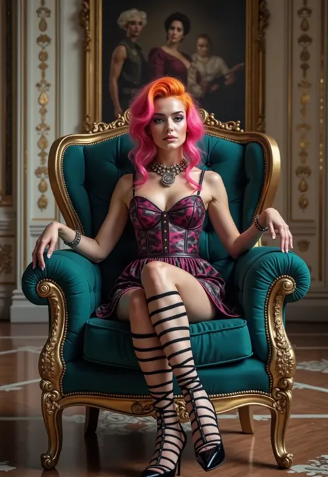 high definition photo of young pretty woman sitting in a chair, on her throne, fashion photography, fashion photograhy, sitting in fancy chair, high fashion photography, ecopunk rococo, high - end fashion photoshoot, multicolor hair, rococo cyberpunk, high...