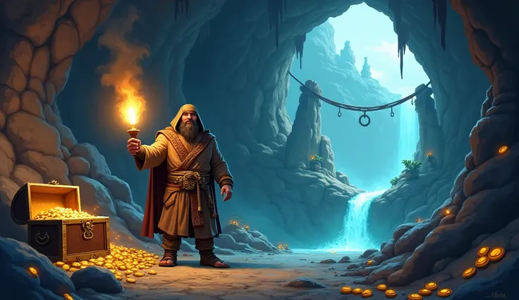 "A cartoon-style a stunning, highly detailed digital painting of an greedy man exploring a hidden underground treasure cave. The man, wearing a traditional brown dress with a black border, holds a burning torch, illuminating the dark surroundings. The cave...