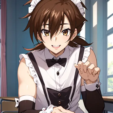 masterpiece, best quality, high quality, 1boy, solo, male focus, looking at viewer, upper body, issei_hyoudou, brown hair, brown eyes, hair between eyes, , smile, pink eyeshadow, pink lips, maid hair ornament, maid uniform at classroom, evening, seductive ...