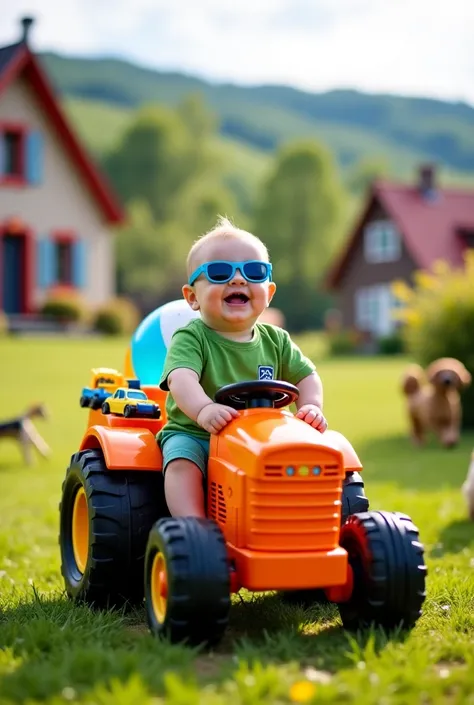 A cheerful baby, wearing green clothes and blue sunglasses, is sitting on an orange toy tractor. The baby is laughing joyfully as the tractor moves forward. The tractor's wheels are spinning realistically. The background features a beautiful countryside vi...