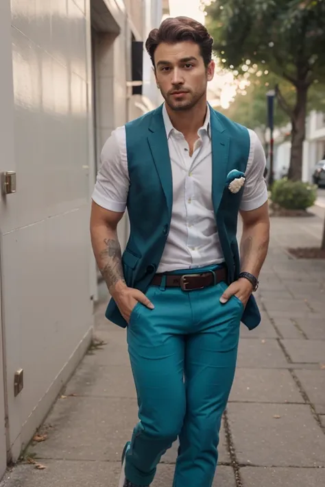 Man in teal pants, same teal colored belt, white shirt with same teal colored flower pattern, same teal colored vest, black shoes, brown eyes, curly brown hair, sexy, big bulge